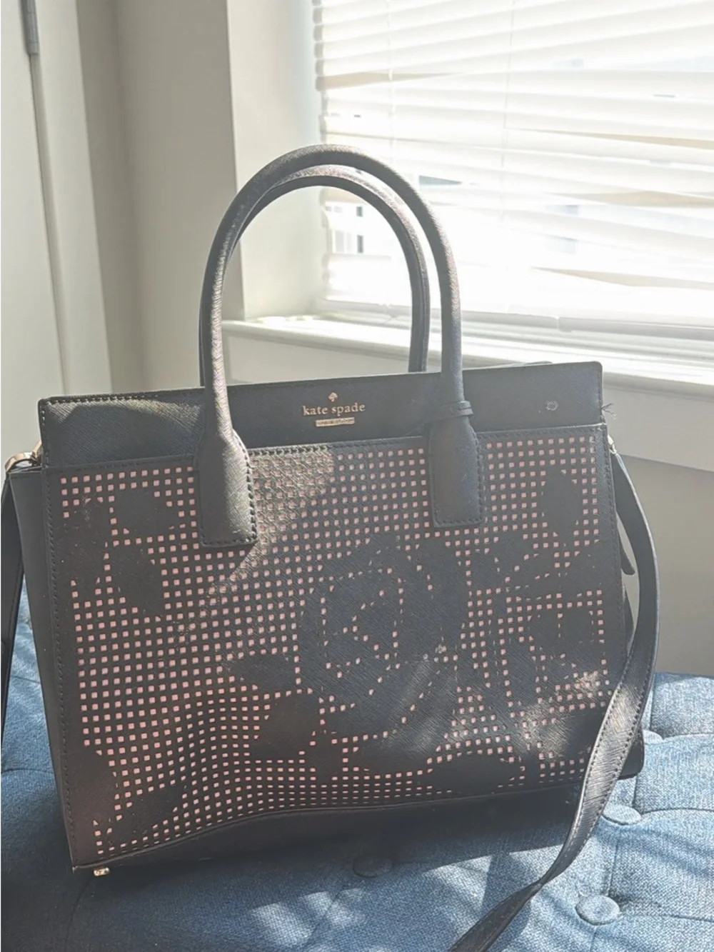 kate spade Black Floral Cutout Satchel with Pink Underlay